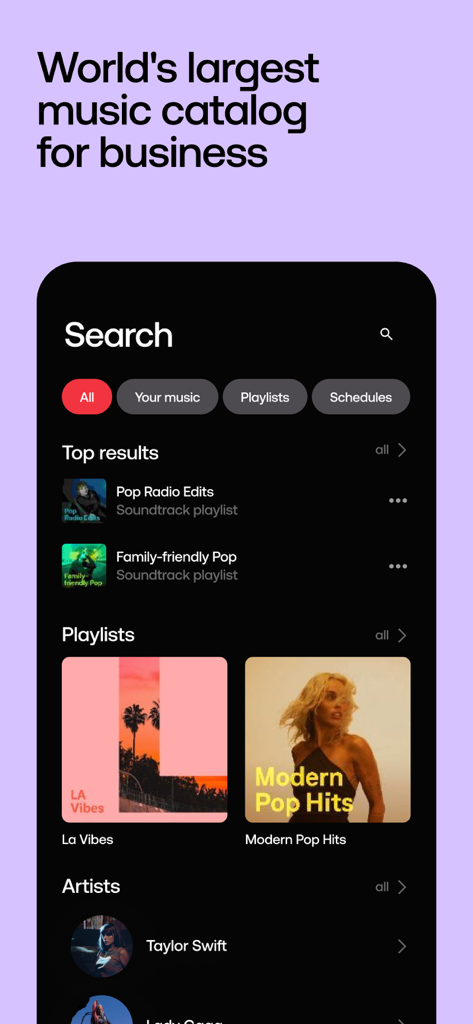 Search screen of the Soundtrack Music for Business app showing a music catalog and playlists for retail spaces.