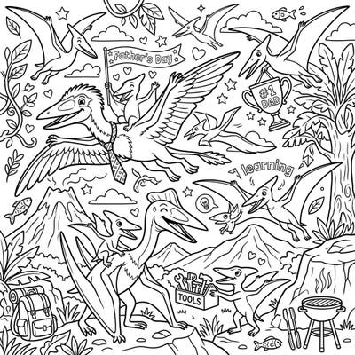 Get ready for a prehistoric Father's Day celebration with this delightful pterosaur coloring page. Dive into a world where ancient flying reptiles honor their dads with tools, picnics, and heartfelt moments.
