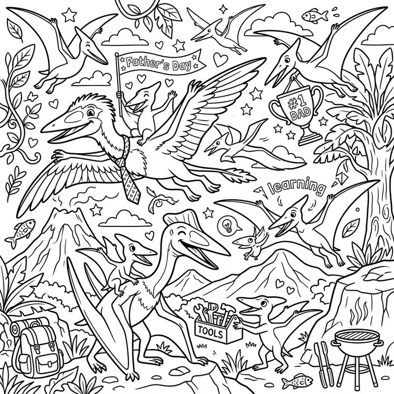 Get ready for a prehistoric Father's Day celebration with this delightful pterosaur coloring page. Dive into a world where ancient flying reptiles honor their dads with tools, picnics, and heartfelt moments.