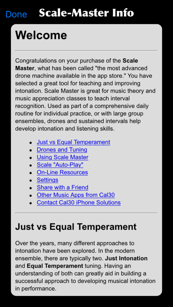 Scale-Master - Pantalla de información de la aplicación Scale Master que explica las características de la máquina de drones y los conceptos de temperamento musical