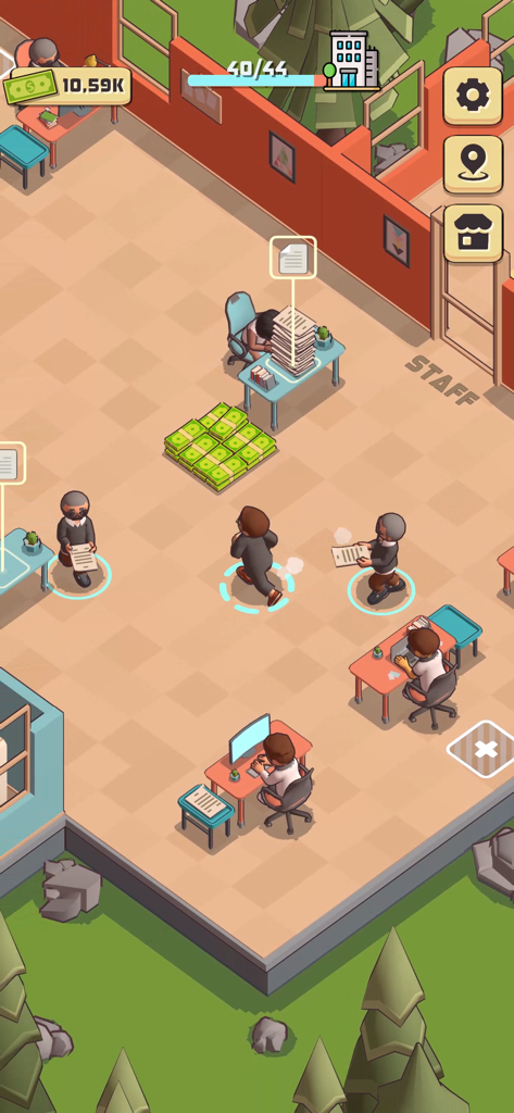 Office Tycoon: Expand & Manage - Isometric view of employees working in a virtual office with stacks of cash in Office Tycoon