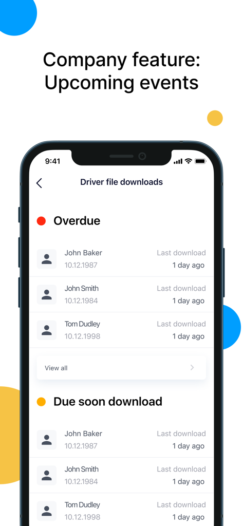 Tachogram - Interfaz de la aplicación Tachogram mostrando descargas de archivos de tacógrafo de conductores atrasadas y próximas para la gestión de flotas.