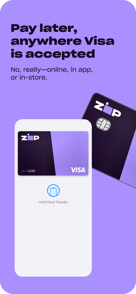 Zip - Buy Now, Pay Later - Aplicación móvil Zip que muestra una tarjeta Visa virtual para pagos sin contacto y una tarjeta física