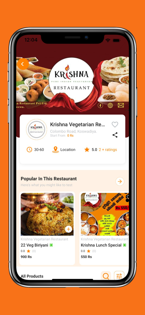 Raala Food - Raala Foodアプリの画面に、クリシュナ・ベジタリアン・レストランのレストランプロフィールと、ビリヤニのような人気のベジタリアン料理が表示されています。