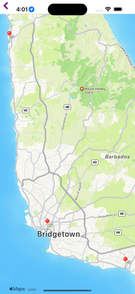 Mobile app map interface showing AffinityPlus credit union branch and ATM locations across Barbados