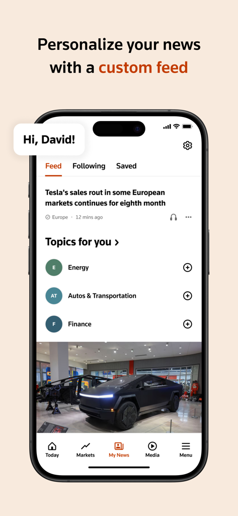 Reuters - Breaking World News - Interface do aplicativo Reuters exibindo um feed de notícias personalizado com tópicos personalizados e atualizações de mercado
