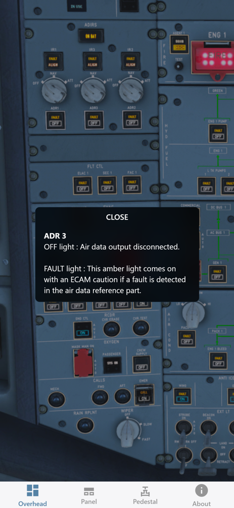 Detailed view of the A320 overhead panel with an information box explaining ADR 3 switch functions in the app