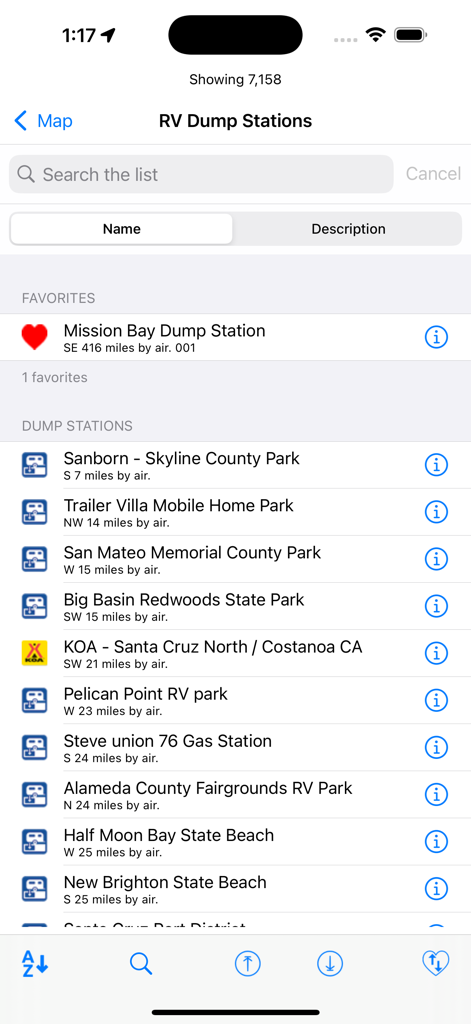 A list of RV dump stations in the mobile app showing location names and distances