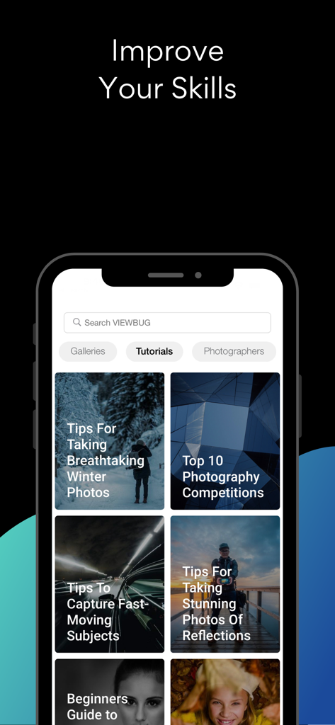 Eine mobile Benutzeroberfläche, die den Tutorial-Bereich der ViewBug-App mit verschiedenen Foto-Anleitungen und Tipps zeigt