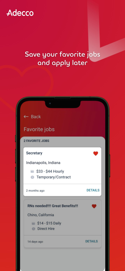 Schermata dell'app Adecco che mostra un elenco di lavori preferiti salvati con dettagli su paga e posizione