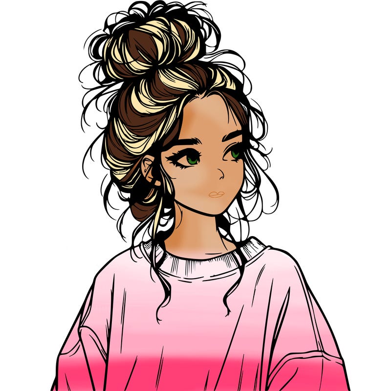 realistic girl with messy bun and oversized clothing