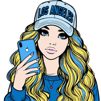 realistic beautiful girl wearing los ángeles cap holding an iphone