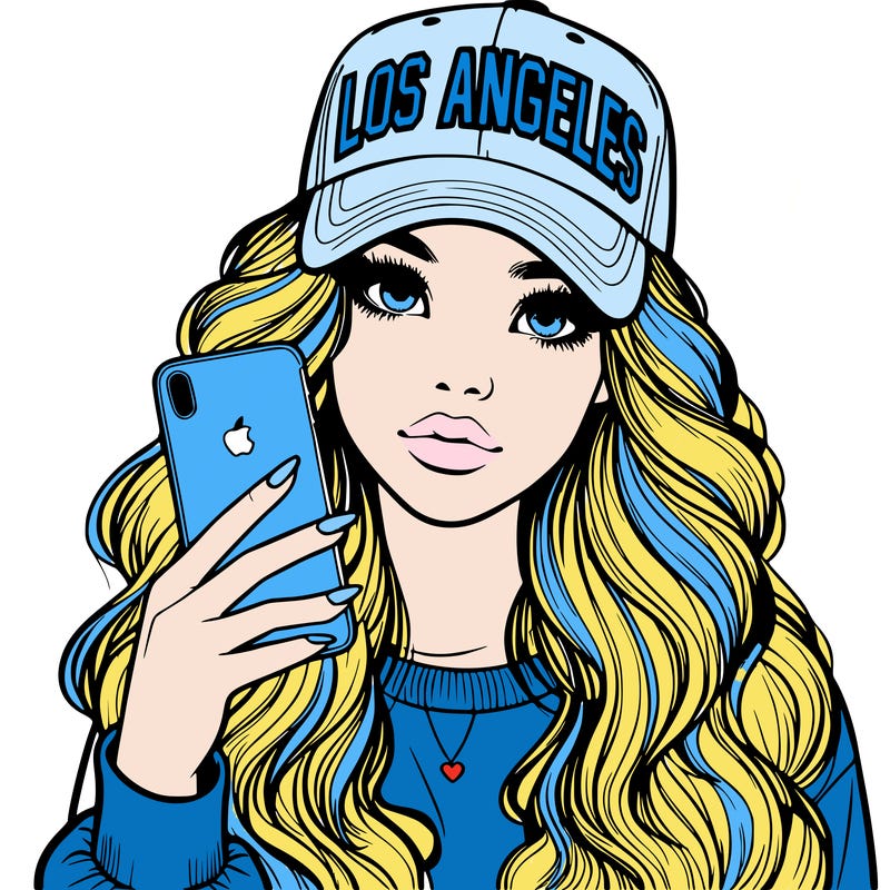realistic beautiful girl wearing los ángeles cap holding an iphone