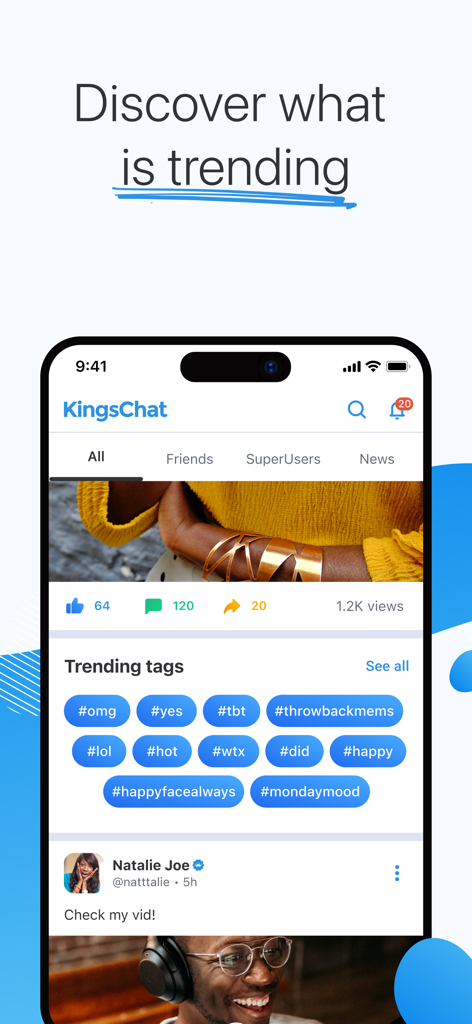 KingsChat app interface displaying trending hashtags and a social media timeline with posts and user engagement.
