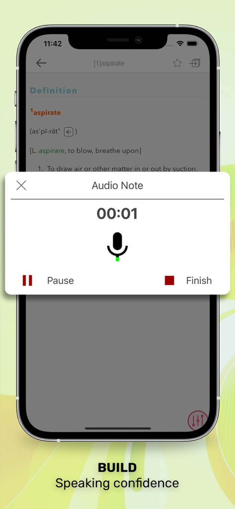 Taber’s Medical Dictionary - iPhone screen showing an audio note recording interface in the Tabers Medical Dictionary app for building speaking confidence.