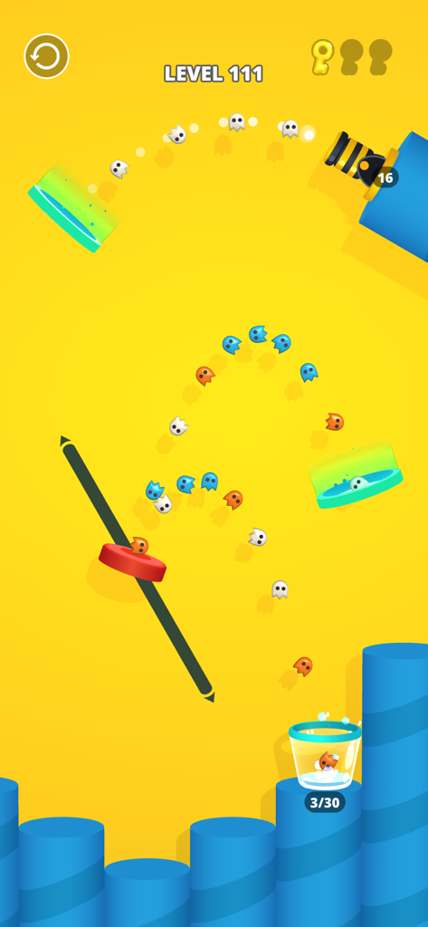 Cannon Shot! - A screenshot of Cannon Shot gameplay on level 111 showing colorful balls bouncing into a bucket.