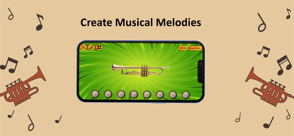Trumpet Maestro - A smartphone displaying a virtual trumpet interface with the text Create Musical Melodies
