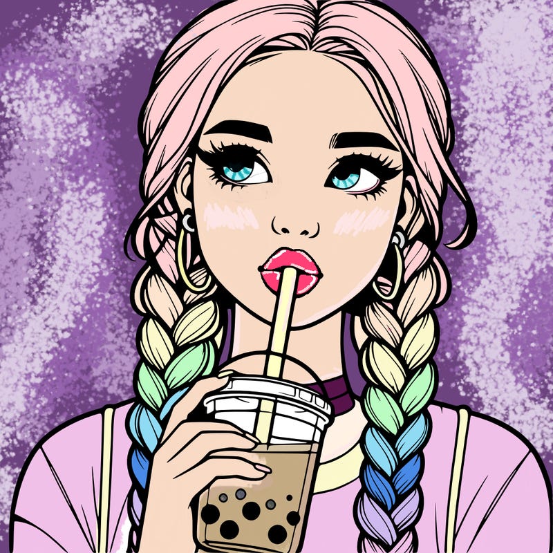 realistic girl with braided hair drinking boba