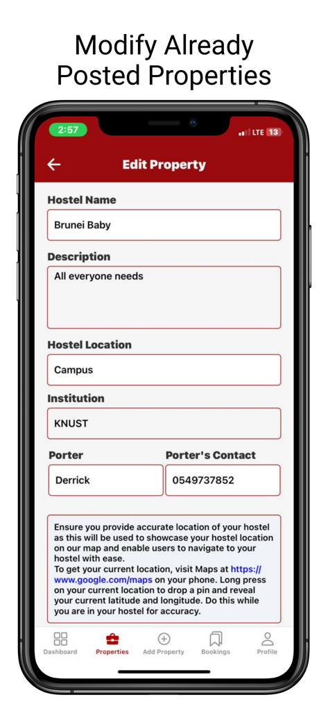 Hostelhubb Admin - Pantalla de la aplicación Hostelhubb Admin que muestra la interfaz de edición de propiedades para gestionar detalles e información de ubicación del hostal.