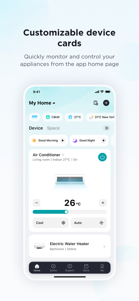 SmartHome app interface showing customizable device cards for home appliance control.