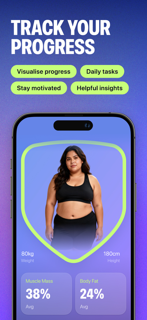 A mobile app interface titled Track Your Progress showing a woman's body photo with statistics for weight, height, muscle mass, and body fat percentage.