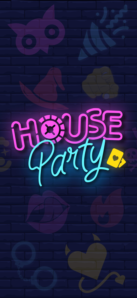House Party: Adult Party Games - Neon House Party logo on a dark brick background with party icons