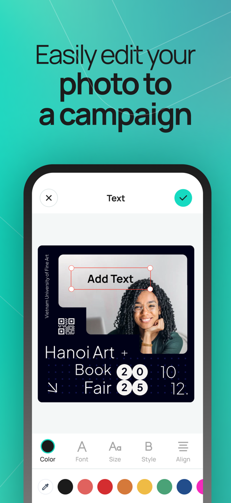 Interfaz de la aplicación móvil Twibbonize mostrando la edición de texto y fotos para un marco de campaña