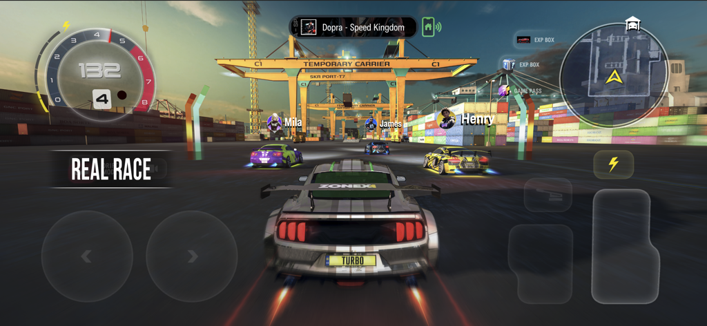 Turbo Tornado: Open World Race - Gameplay screenshot of a car race in an industrial port setting from Turbo Tornado Open World Race