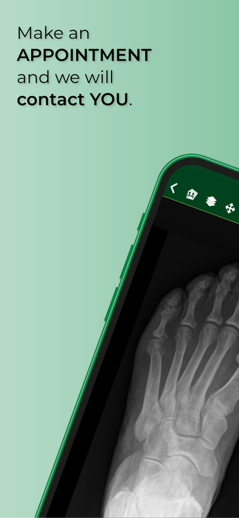 Cruz Verde - A smartphone displaying a foot X-ray and text about booking an appointment in the Cruz Verde medical app