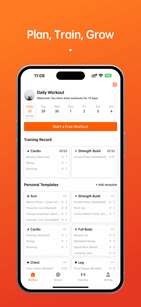 Gym Workout Tracker . - Panel principal de la aplicación Gym Workout Tracker que muestra registros de entrenamiento y plantillas de entrenamiento personalizadas