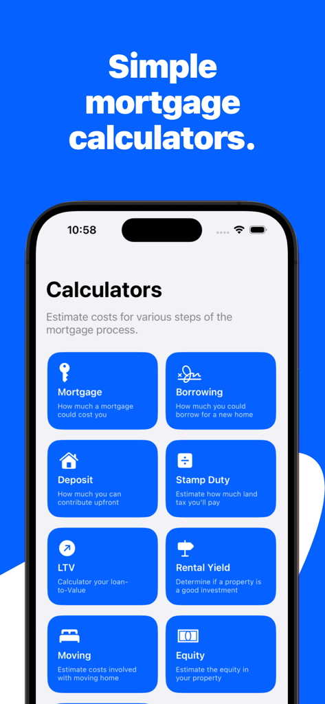 Mortgage Calculator: Mortgages - A mobile screen showing a menu of different mortgage and financial calculators.