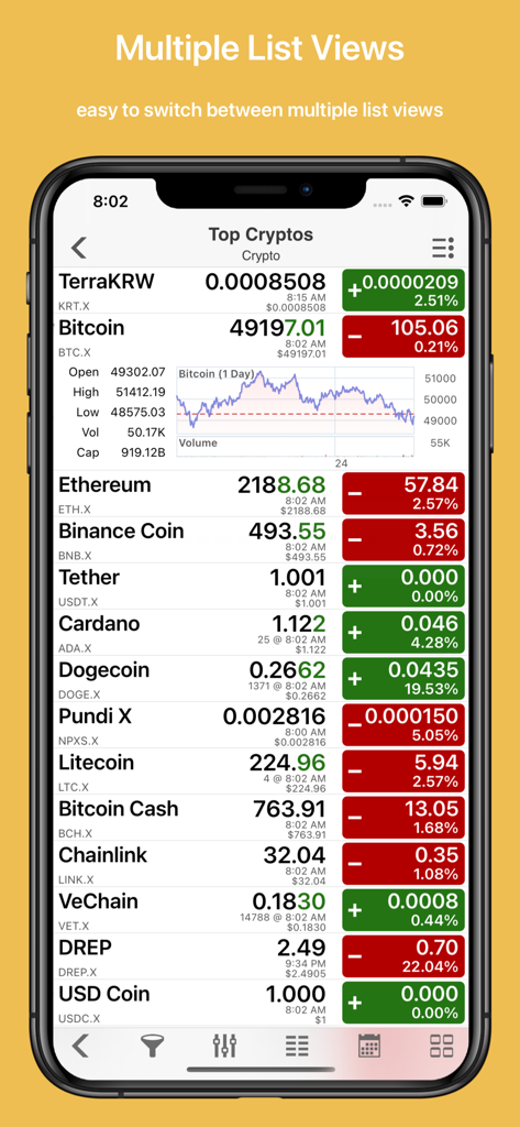 Crypto Master: Market Analysis - Smartphone, das eine Liste der Top-Kryptowährungen mit Live-Preisen und Marktdaten in der Crypto Master App anzeigt
