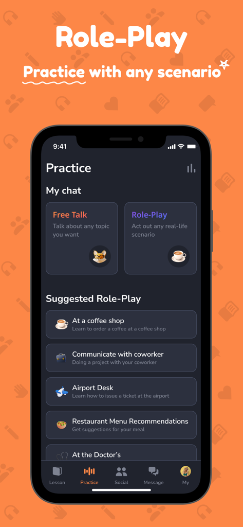 Hilokal: Language Exchange App - Pantalla de práctica de la app Hilokal que muestra escenarios de juego de roles sugeridos para estudiantes de idiomas.
