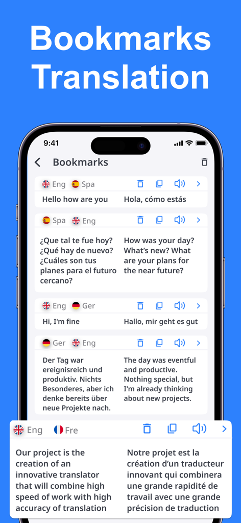 Voice Translator AI: Translate - Uma lista de favoritos de tradução salvos no aplicativo Voice Translator AI mostrando várias frases em inglês, espanhol, alemão e francês.