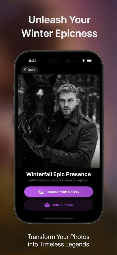 Toon App interface showing the Winterfall Epic Presence filter applied to a black and white photo of a man and a horse