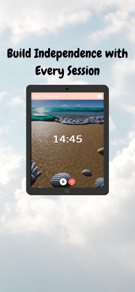 ADHD Focus Timer - A tablet displaying the ADHD Focus Timer app with a visual countdown over a calming beach background