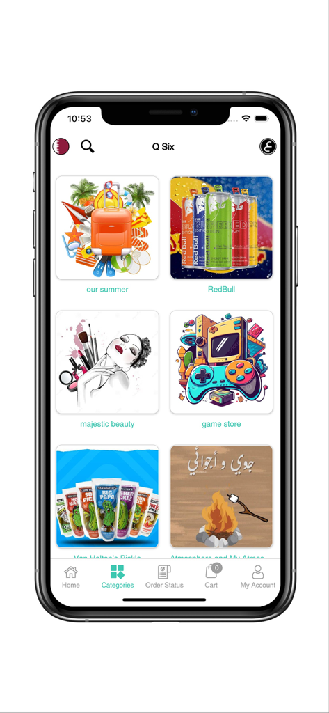 Écran des catégories de l'application Q Six Qatar montrant les articles d'été, Red Bull, les produits de beauté et les produits de jeu.