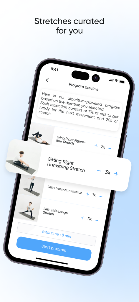 Stretch Zone and Flexibility - A mobile screen showing a curated stretching program with personalized exercises and duration selection
