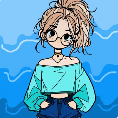 girl with a messy ponytail glasses a baggy crop top and jean shorts