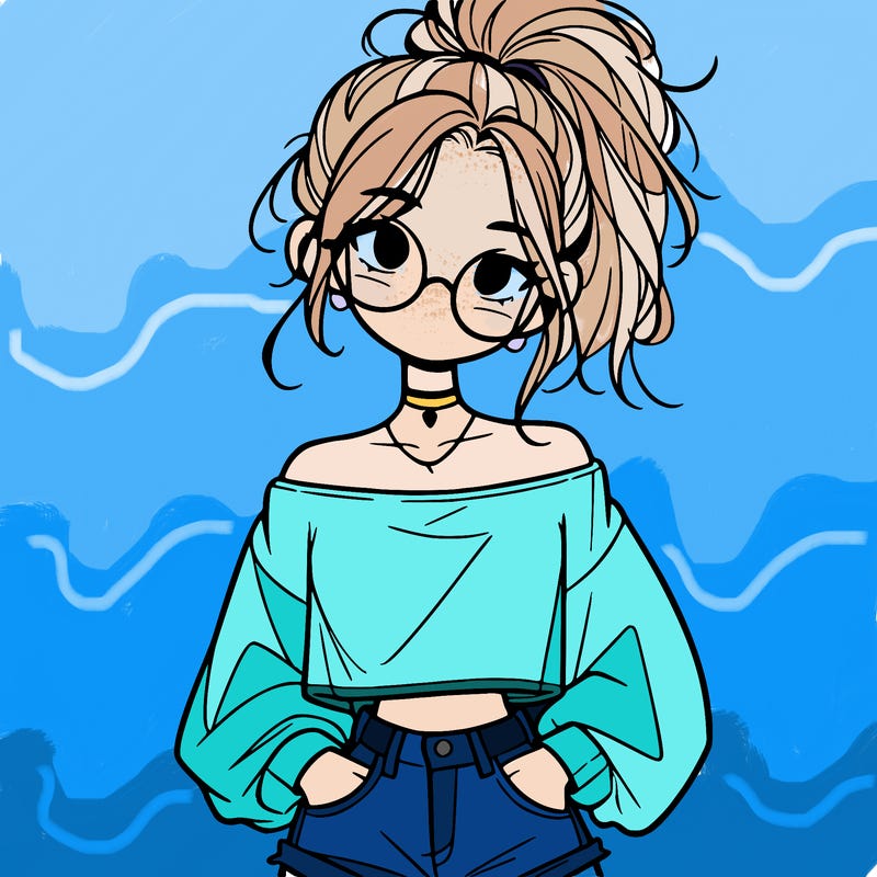 girl with a messy ponytail glasses a baggy crop top and jean shorts