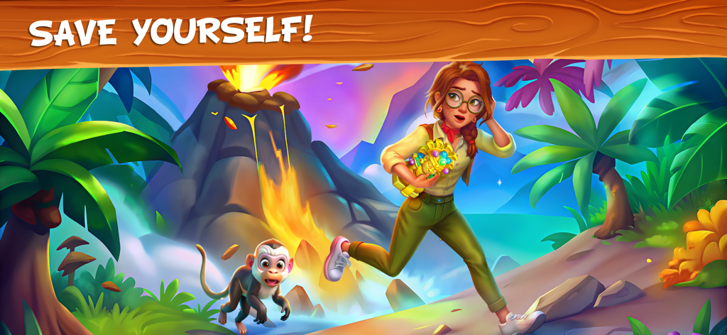 A woman and a monkey running away from an erupting volcano on a tropical island while carrying a golden treasure