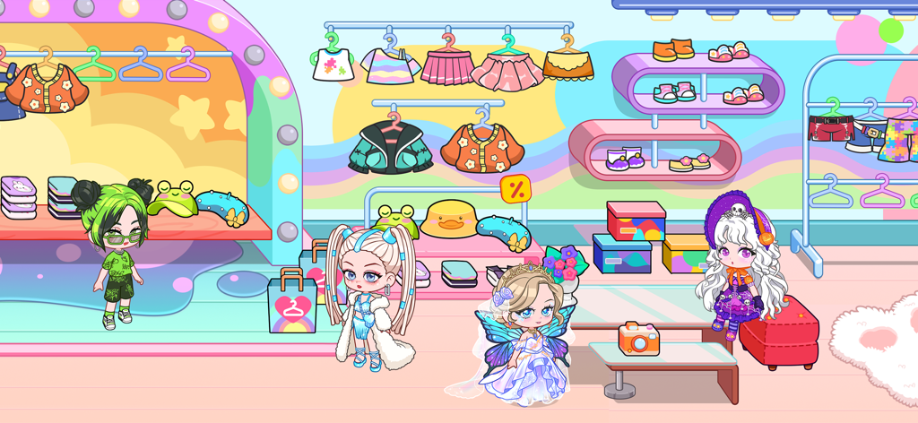 Four stylized doll characters in a colorful digital clothing store with trendy outfits and accessories.