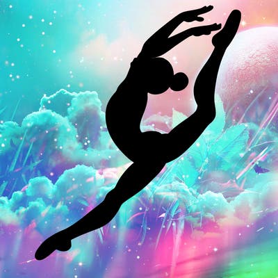 gymnast doing a leap in a leotard with a bent back leg