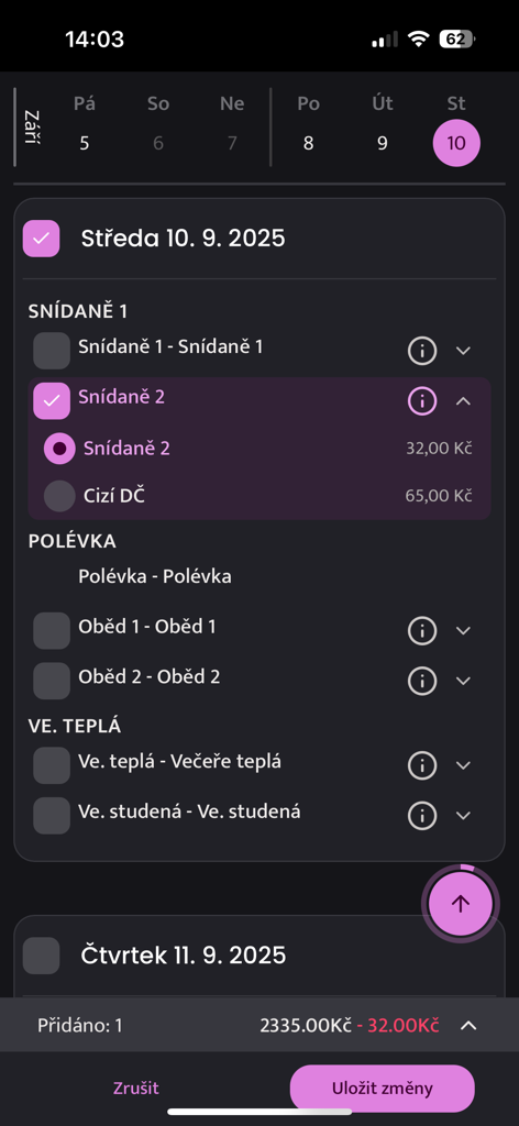 Strava.cz Meal Ordering - Mobile interface showing meal selection and pricing in the Strava.cz app