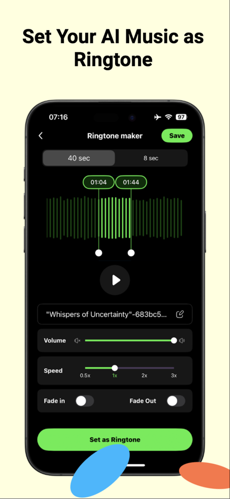 Interface of a mobile app showing AI music being edited and set as a custom ringtone.