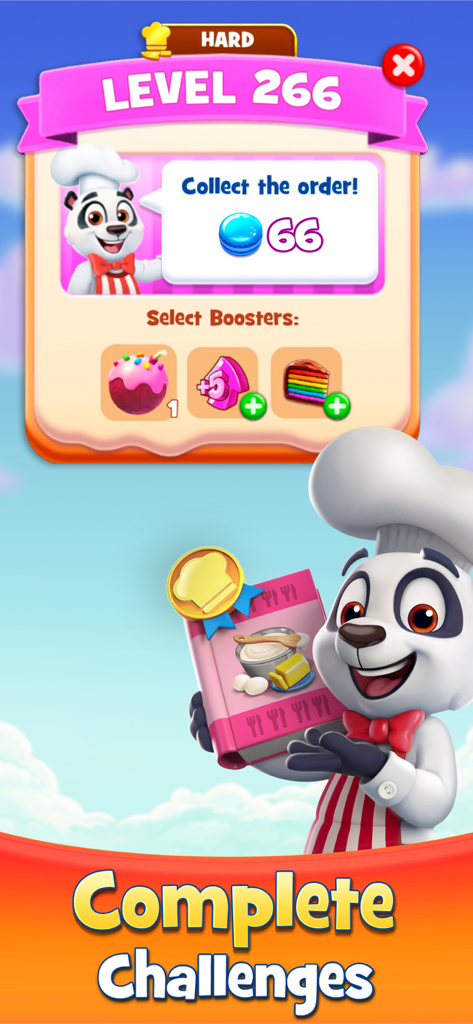 O Chef Panda apresentando um desafio de nível 266 com macarons no Cookie Jam