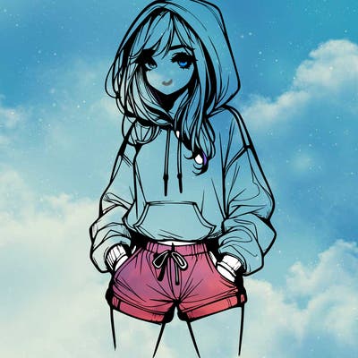 realistic girl in shorts and hoodie