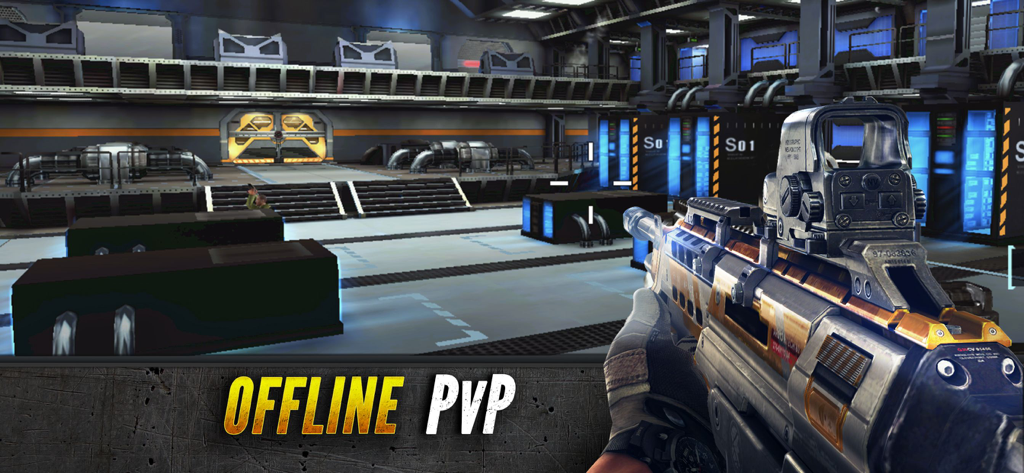 Sniper Fury: FPS Shooting Game - First person shooter view of a futuristic assault rifle in a base with the text offline pvp