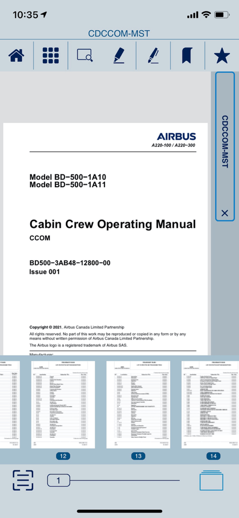 Airbus A220 Cabin Crew Operating Manual displayed within the flight deck app interface