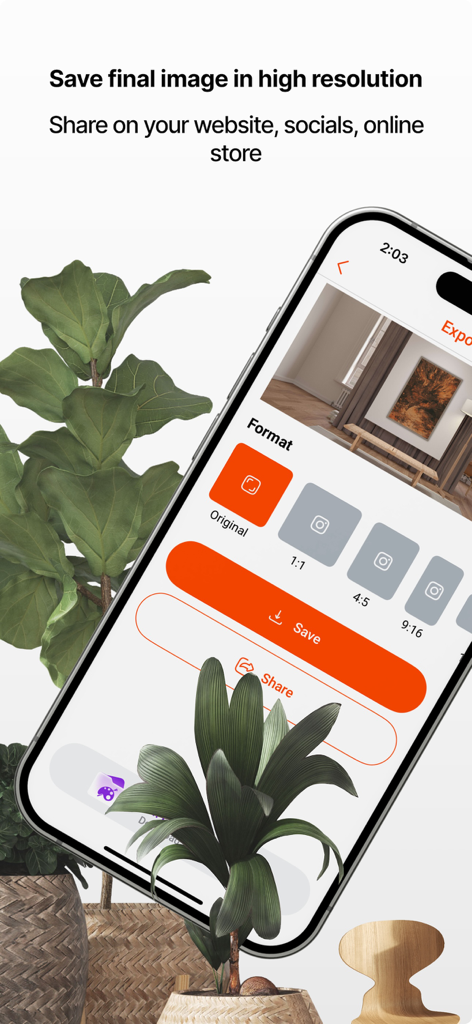 Interface showing options to save and share high resolution art mockups in different aspect ratios